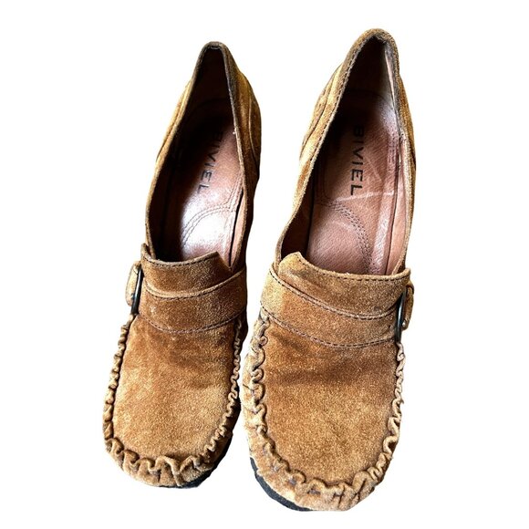 Biviel Brown Leather Wedge Loafers Sz 7 (38 EU) Womens 4" Heel w/ Side Buckle - Picture 8 of 13